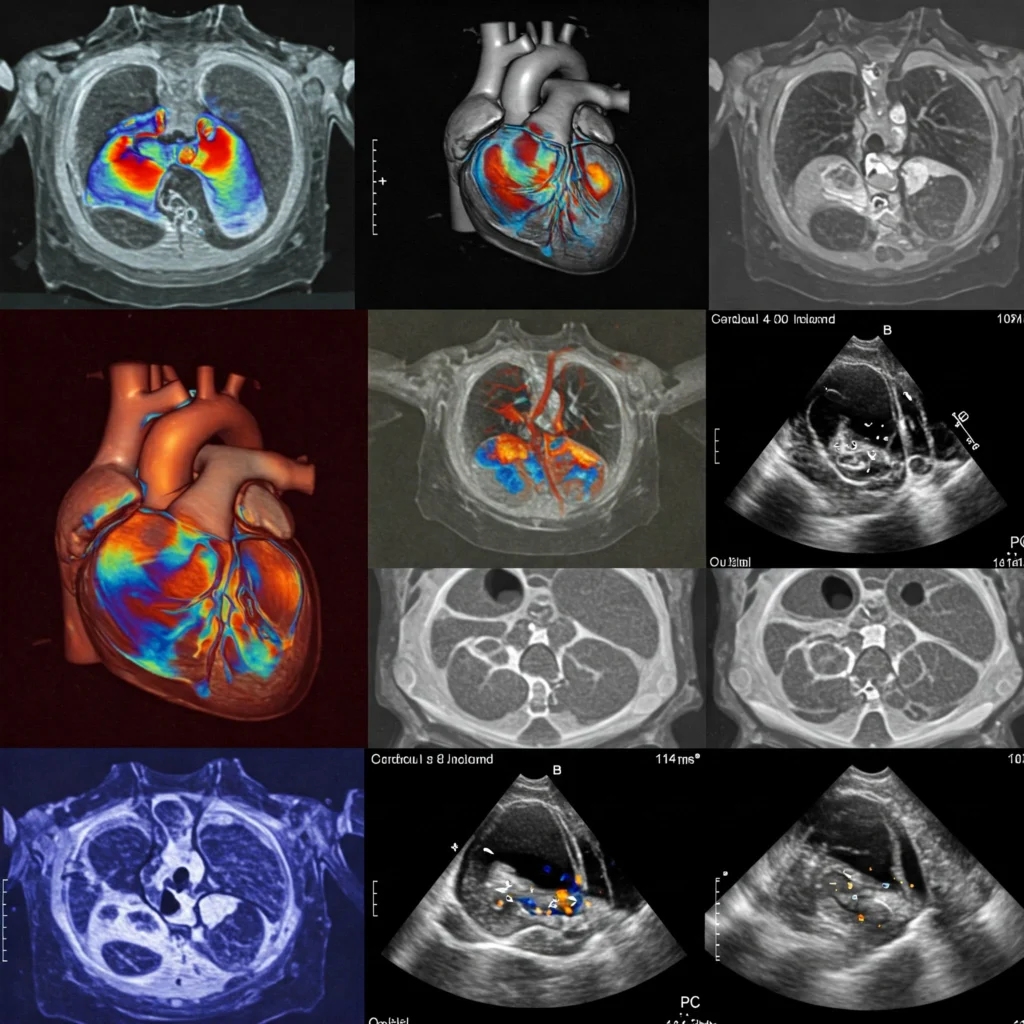 Collage of cardiac imaging techniques: Myocardial Perfusion Imaging (MPI), CT Angiography, and Echocardiography.