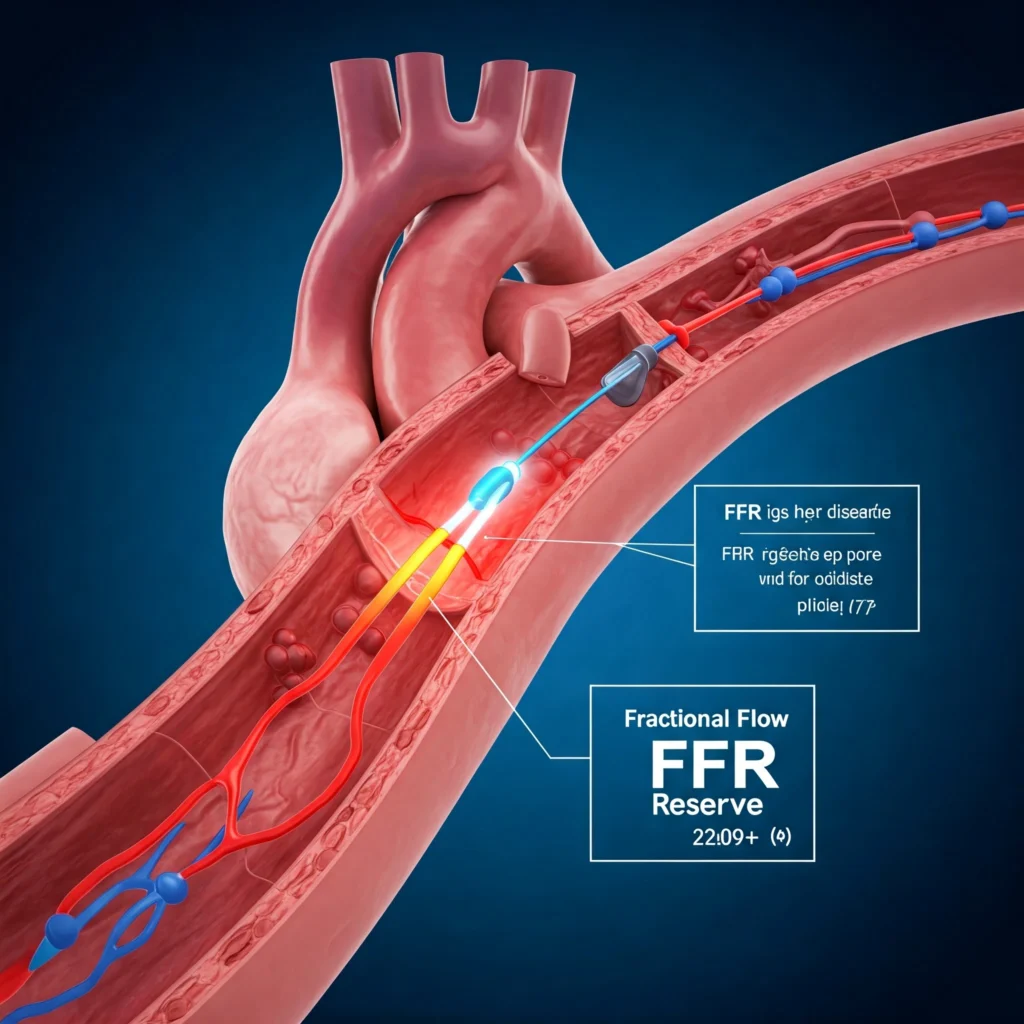 3D image of a coronary artery with a pressure wire for FFR measurement, demonstrating blood flow assessment.