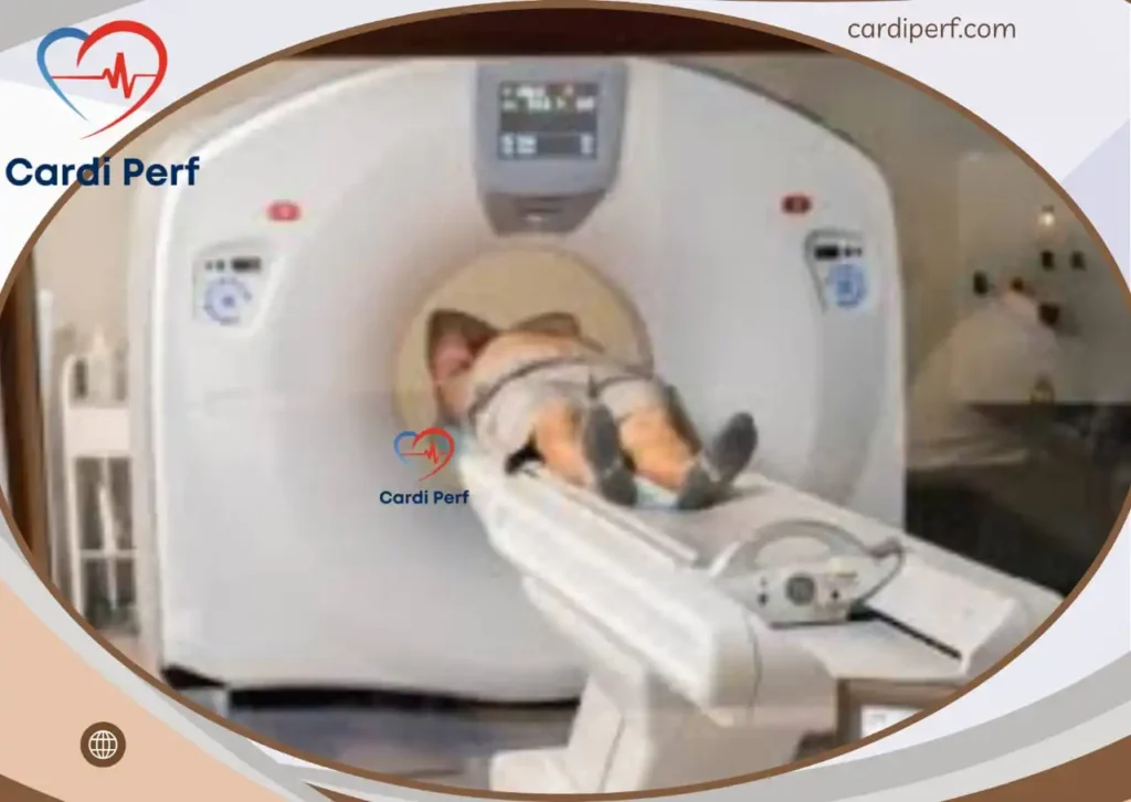 Step-by-step process of a Myocardial Perfusion Scan (MPS) test showing heart imaging with a gamma camera