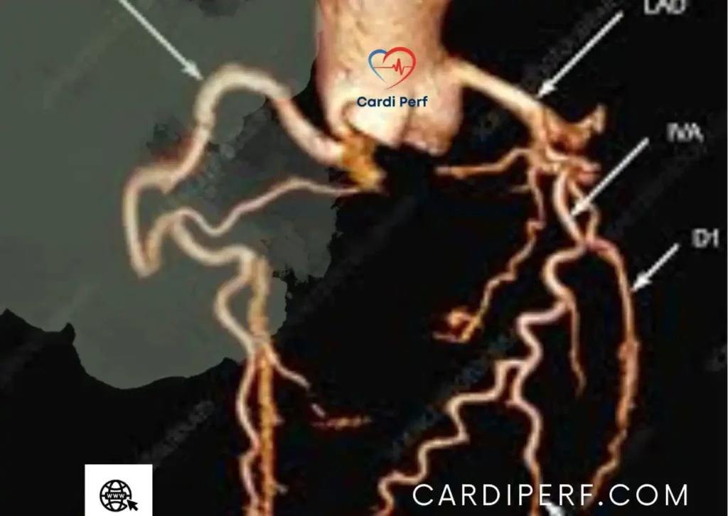 CT Angiography (CTA) scan showing detailed coronary artery images used for diagnosing cardiovascular disease.