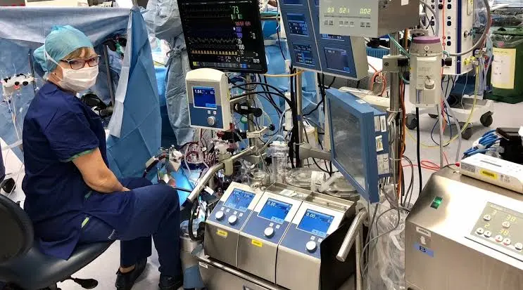 Cardiopulmonary bypass (CPB) machine, also known as a heart-lung machine.