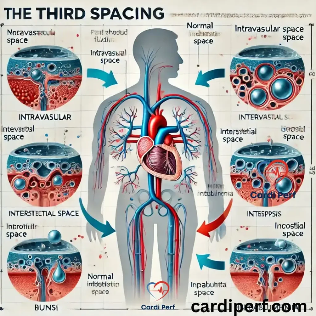 Medical infographic illustrating third spacing pathophysiology, showing fluid shifts from the intravascular space to the interstitial space with labeled diagrams, arrows, and key causes like burns, sepsis, and hypoalbuminemia