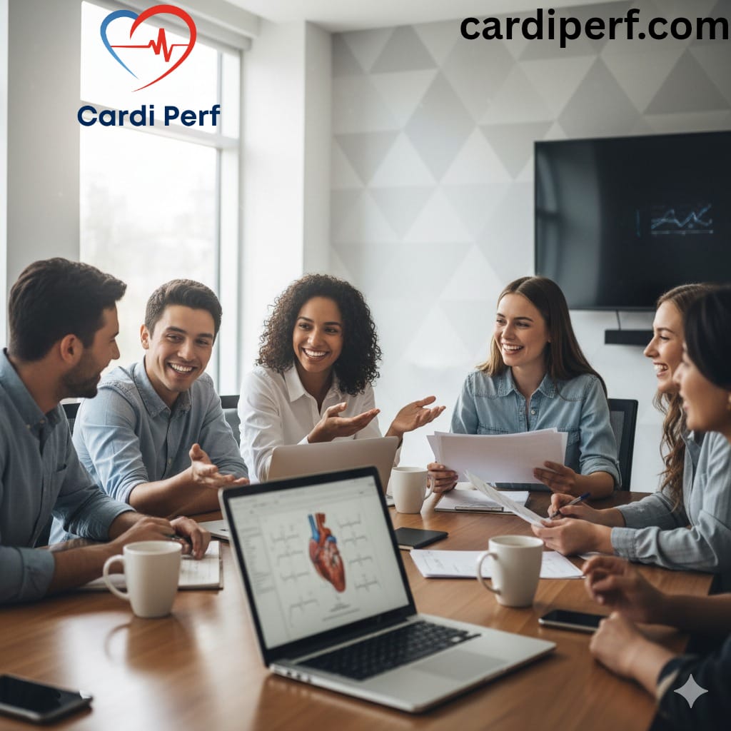 A diverse group of six young professionals, including male and female colleagues, are collaboratively discussing heart anatomy and medical data around a large conference table. A laptop in the foreground displays a 3D model of the heart. The company logo "Cardi Perf" and the website "cardiperf.com" are visible in the corners.